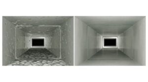 Side-by-side comparison of HVAC ductwork showing dirty ducts on left with debris buildup and clean ducts on right after professional cleaning service.